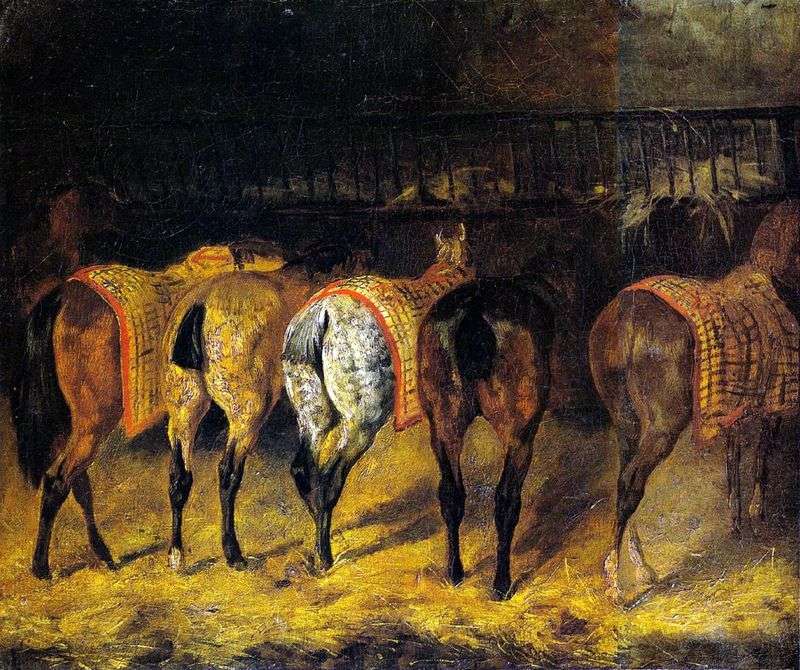 Cinque cavalli girati per groppa nella stalla   Theodore Gericault