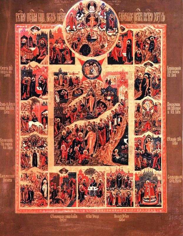 La risurrezione di Cristo, con la scena del Figlio Unigenito e con le feste in 12 segni distintivi