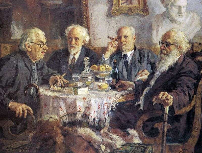 Ritratto dei più antichi artisti sovietici I. Pavlov, V. Baksheev, V. Byalynitsky Birulya e V. Meshkov   Alexander Gerasimov