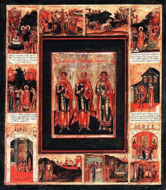 I santi predicatori Gurii, Samon e Aviv, incorniciati con una vita in 10 francobolli