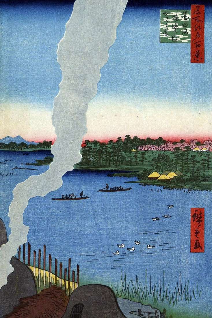 Forni per arrostire sul traghetto Hasiba no vatasi sul fiume Sumidagava   Utagawa Hiroshige