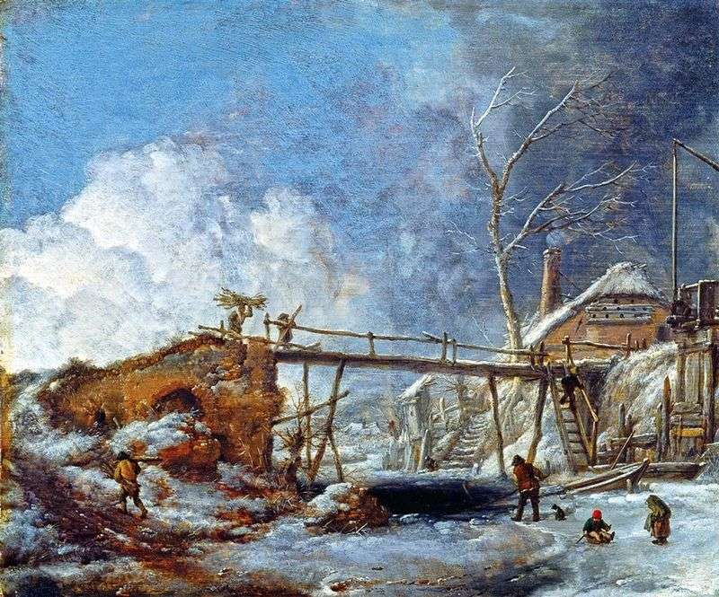 Paesaggio invernale con un ponte di legno   Philips Vauverman