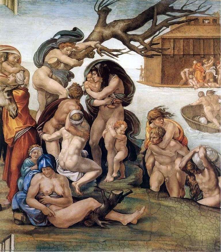 Il diluvio, un frammento del dipinto della Cappella Sistina (affresco)   Michelangelo Buonarroti