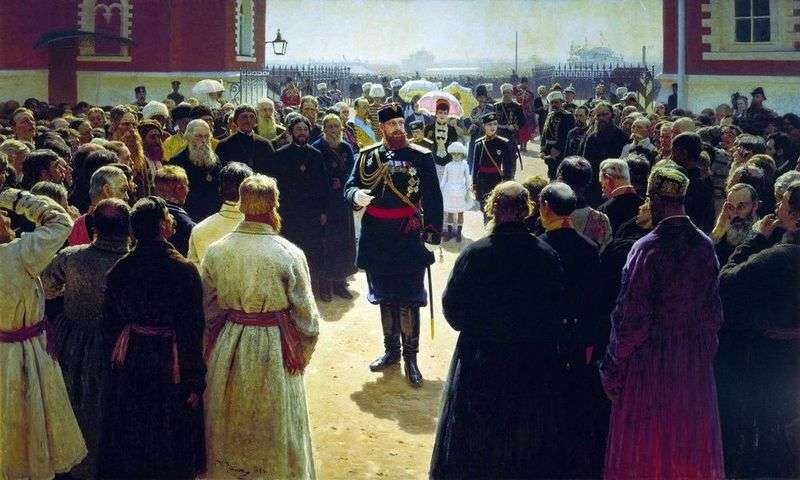 Ricevimento di caposquadra voluttuari da parte dellimperatore Alessandro III nel cortile del Palazzo Petrovsky a Mosca   Ilya Repin