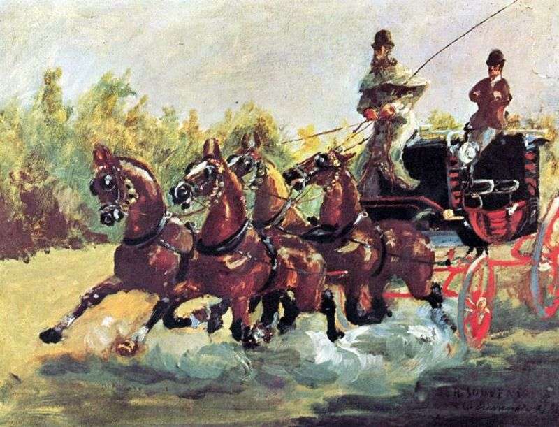 Il conte Alphons de Toulouse Lautrec governa la slitta di quattro cavalli: Henri de Toulouse Lautrec