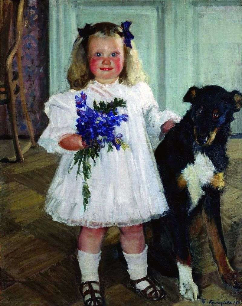 Ritratto di Irina Kustodiyeva con Shumka il cane   Boris Kustodiyev