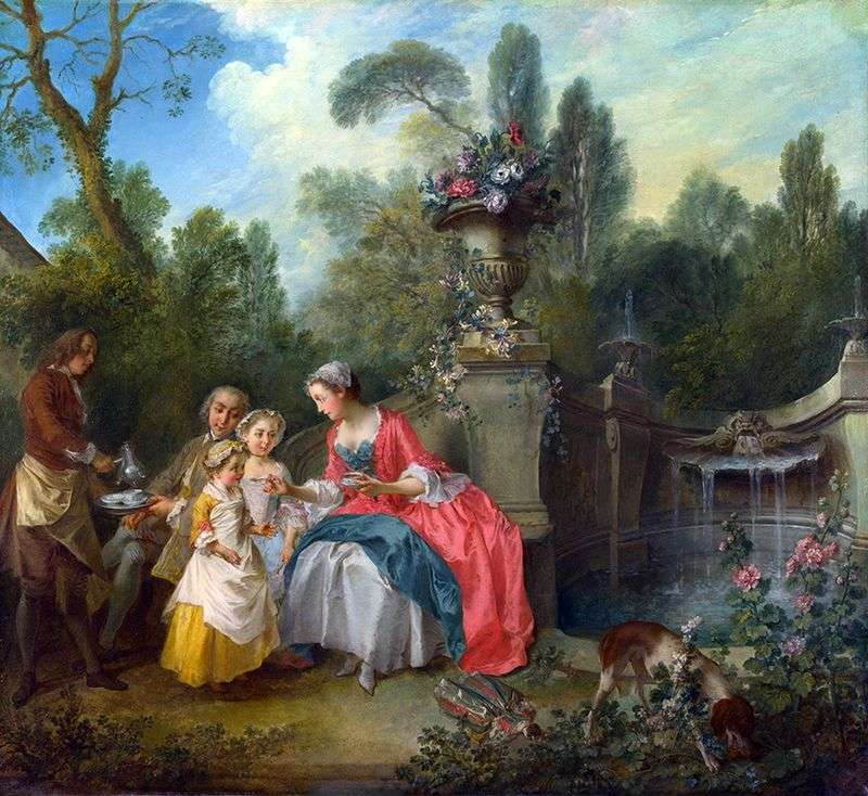Signora e signore con due ragazze in giardino   Nicola Lancre