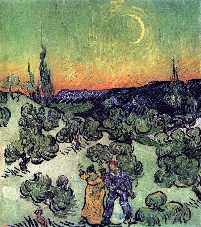 Paesaggio con una coppia passeggiando e la mezzaluna della luna   Vincent Van Gogh