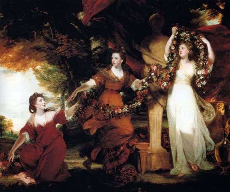 Tre sorelle di Montgomery a forma di grazie, che decorano con fiori la statua di Imene   Joshua Reynolds