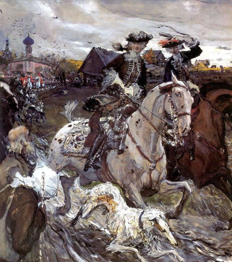 Pietro II e Tsesarevna Elizabeth a caccia di un segugio   Valentin Serov