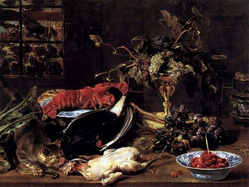 Natura morta con un gatto affamato, aragosta e frutta   Frans Snyders