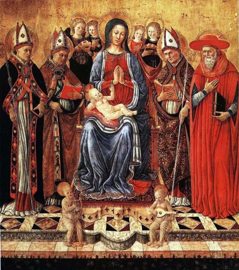 Maria con il bambino sul trono, circondata dai santi Juvenalius, Sabine, Agostino, Girolamo e sei angeli   Giovanni Boccati