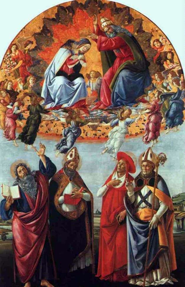 Altare di San Marco, o incoronazione di Maria con angeli, Giovanni Evangelista e Santi Agostino, Girolamo ed Elio   Sandro Botticelli