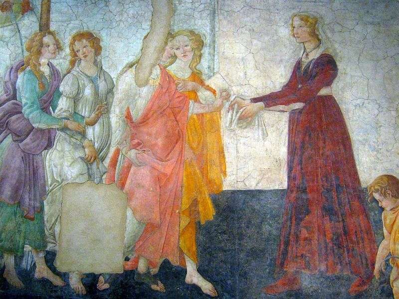 Gli affreschi della villa Macherelli. Una giovane donna accetta doni da Venere e le tre grazie   Sandro Botticelli