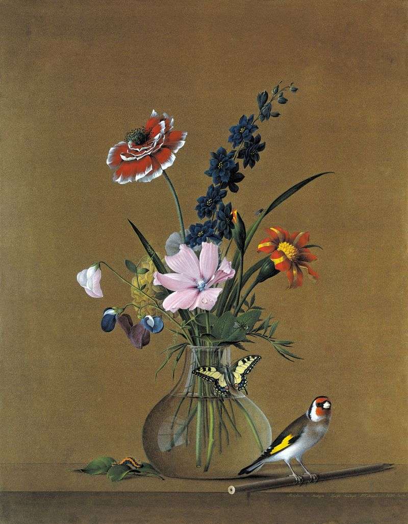 Un mazzo di fiori, una farfalla e un uccello   Fedor Tolstoy