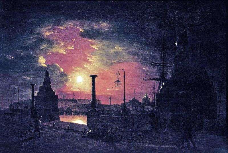 Notte dautunno a Pietroburgo. Molo con sfingi egiziane sul fiume Neva di notte   Maxim Vorobev